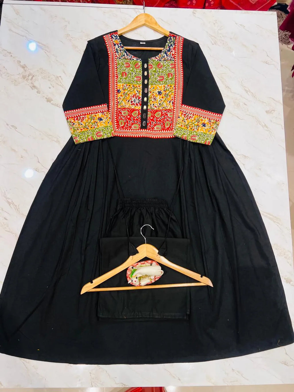 Women’s Black Cotton Anarkali Kurta Pant Set with Embroidered Yoke