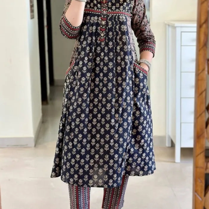Navy Blue Traditional Block Print A-Line Kurta Set with Pockets