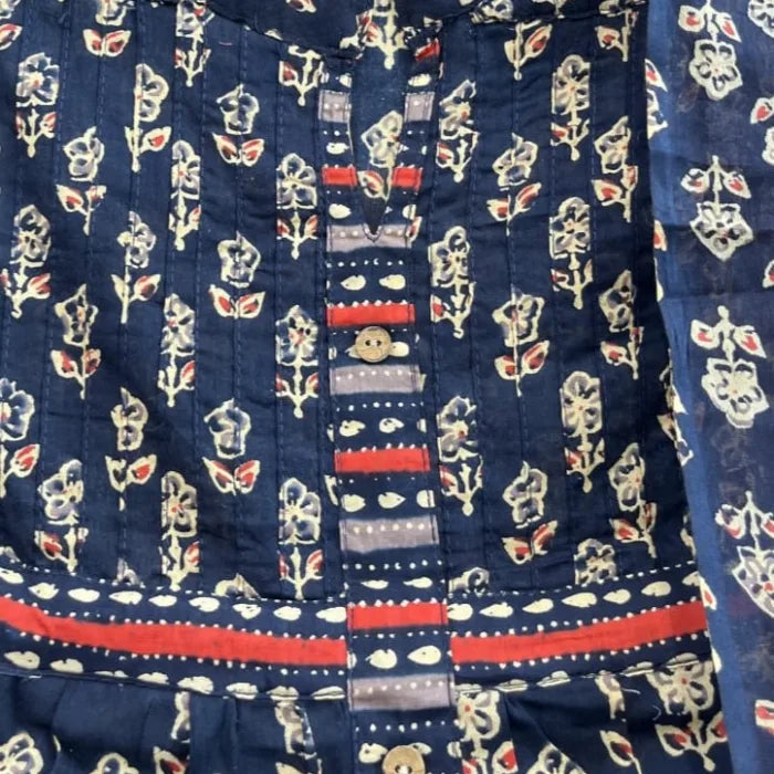Navy Blue Traditional Block Print A-Line Kurta Set with Pockets