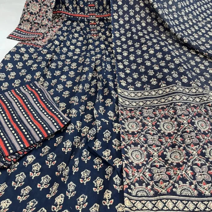 Navy Blue Traditional Block Print A-Line Kurta Set with Pockets