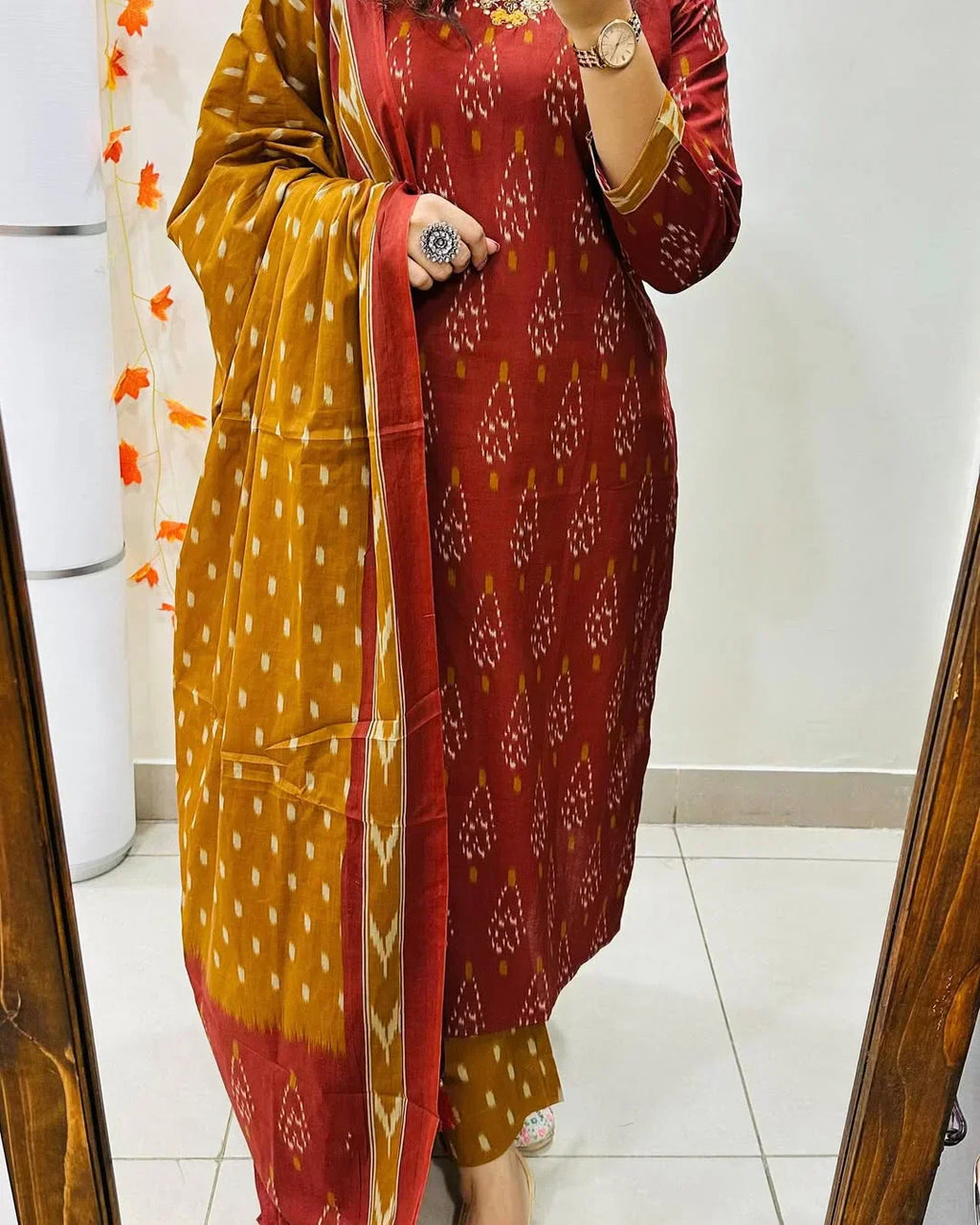 Ikkat Print With Kurti Pant & Dupatta Set For Women