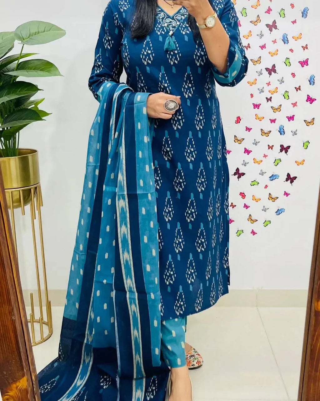 Ikkat Print With Kurti Pant & Dupatta Set For Women( Blue )