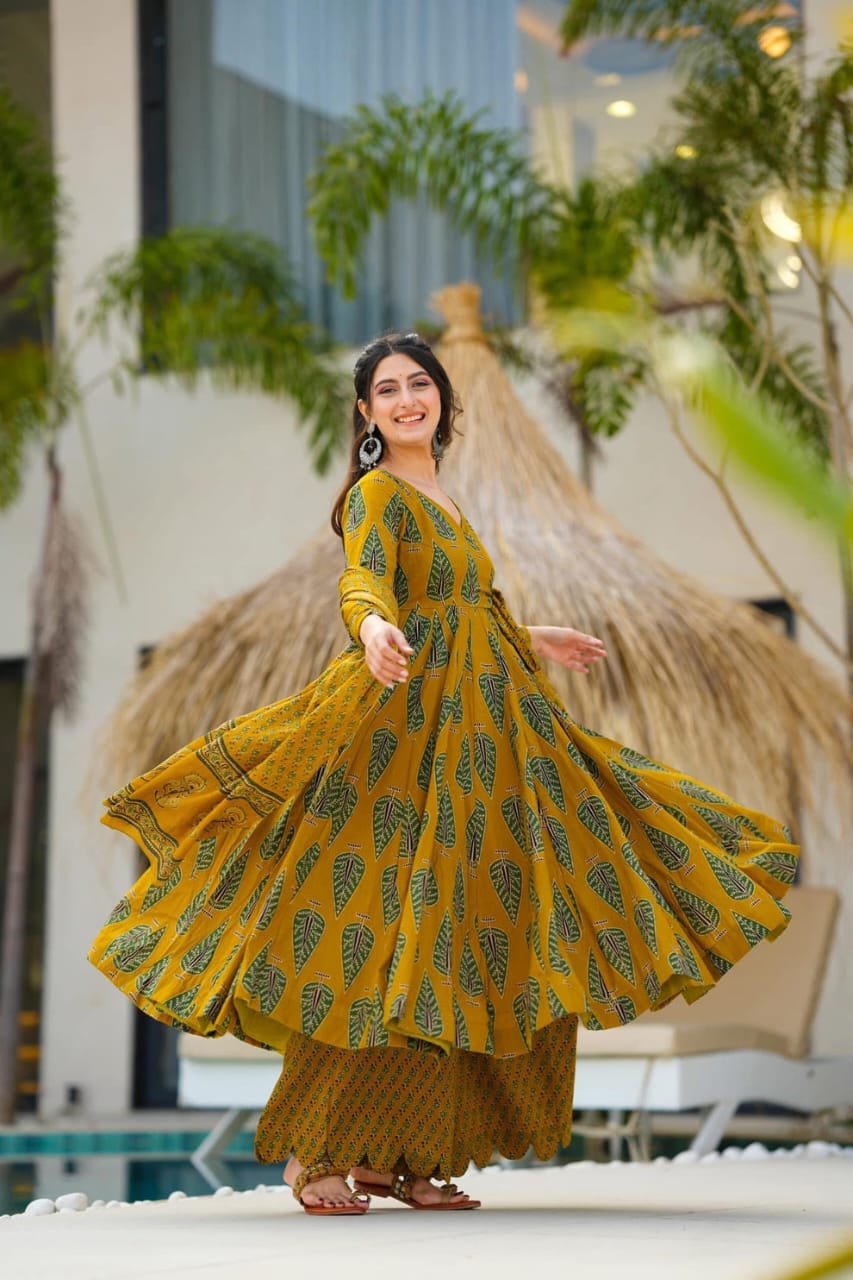 Elegant Mustard Green Ethnic Ensemble With Leaf Motif