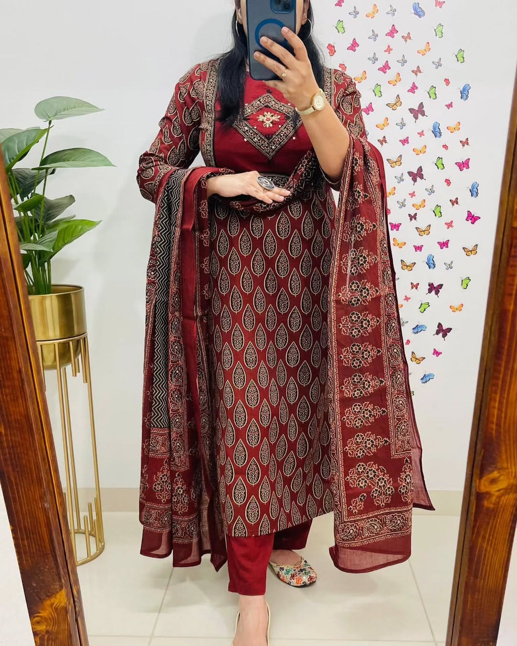 Elegant Maroon Block Print Cotton Suit Set