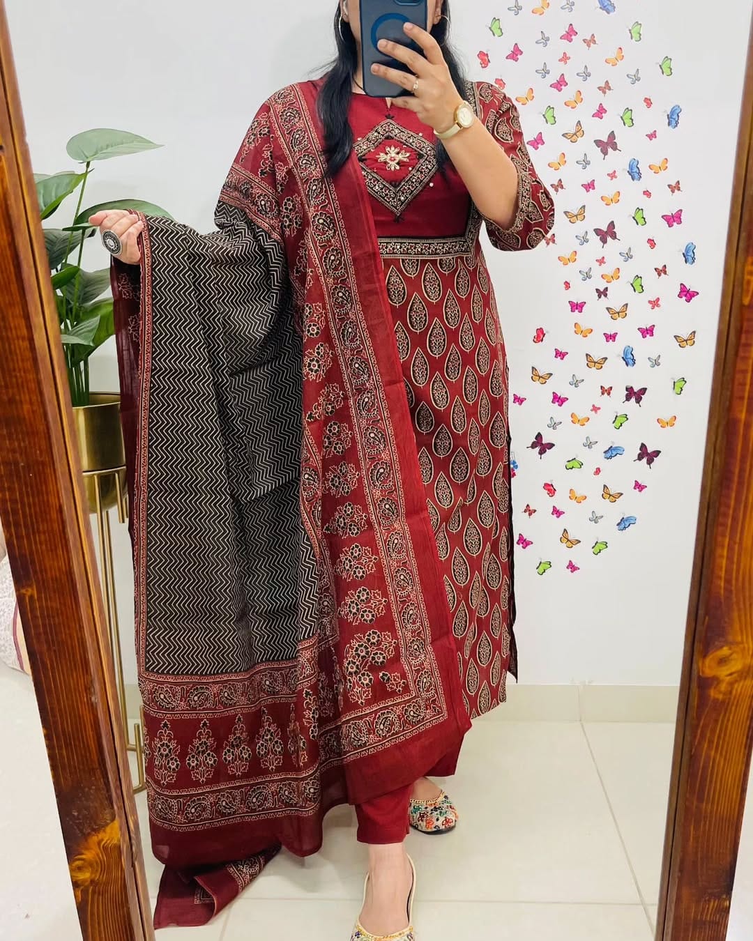 Elegant Maroon Block Print Cotton Suit Set