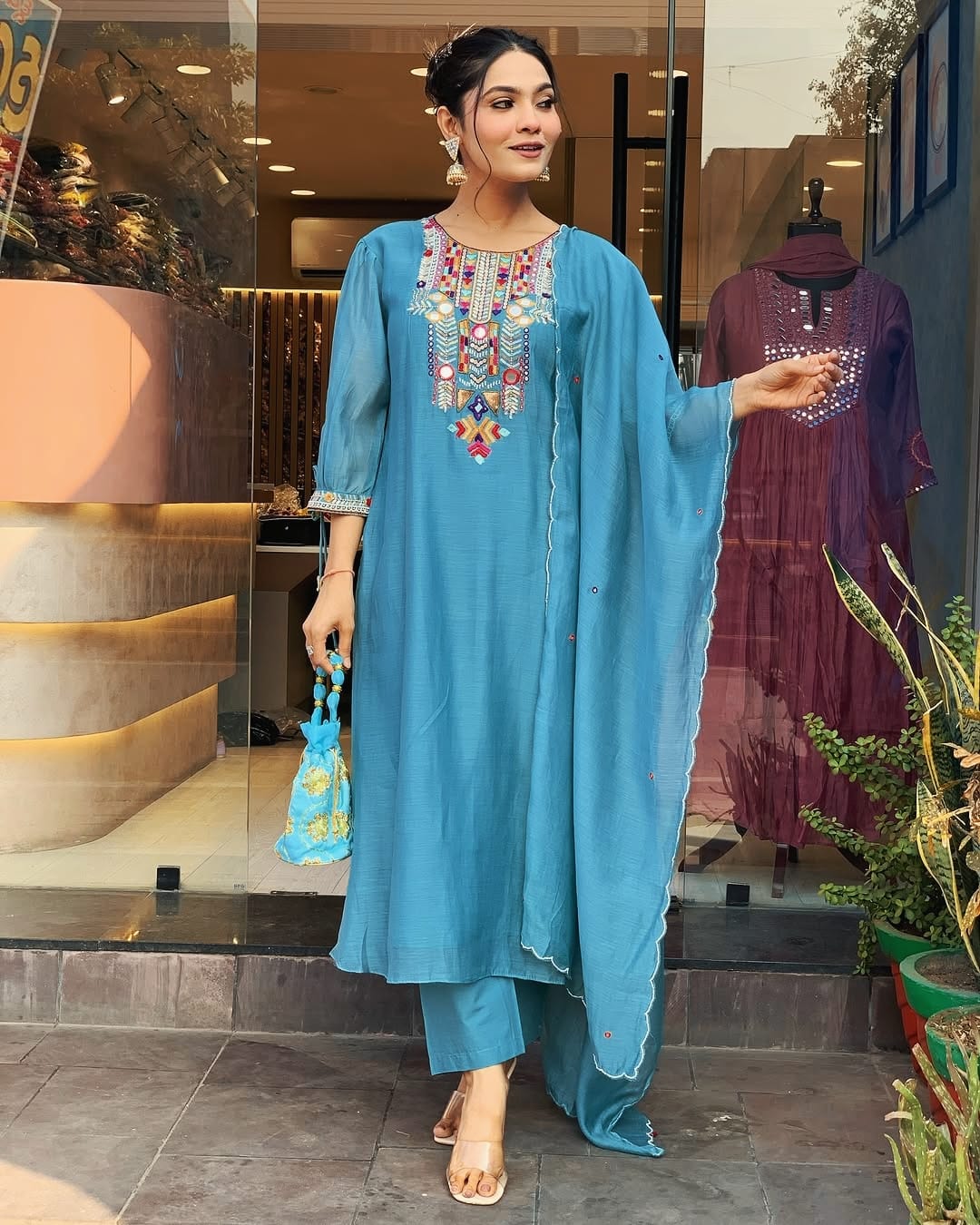 Teal Blue Embroidered Kurta Set
