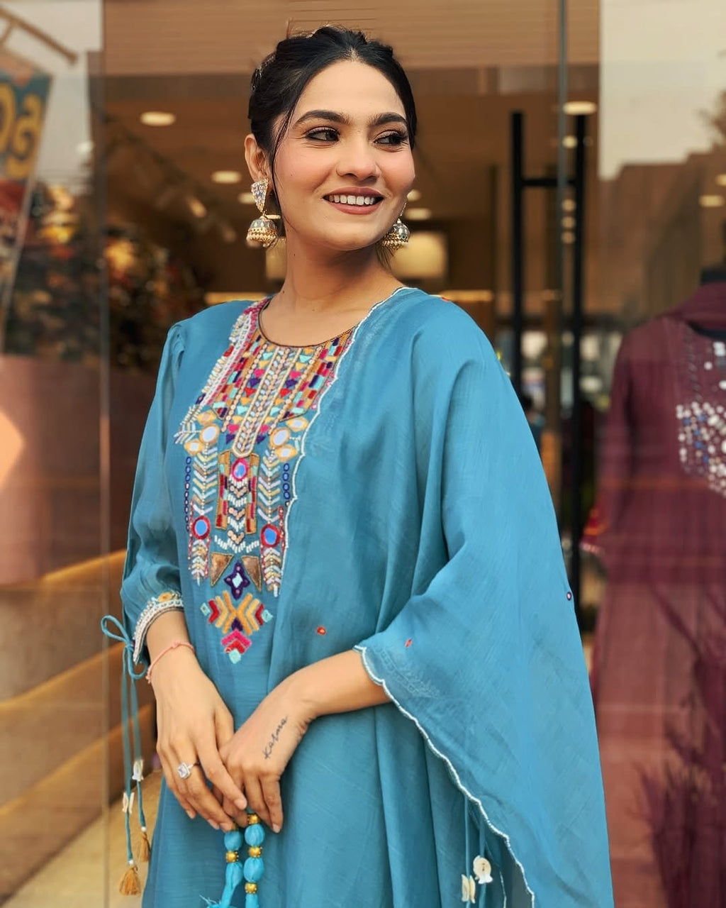 Teal Blue Embroidered Kurta Set