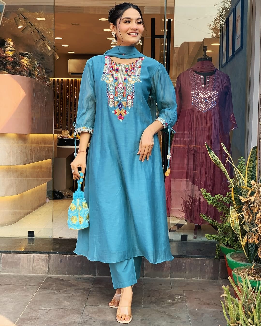 Teal Blue Embroidered Kurta Set