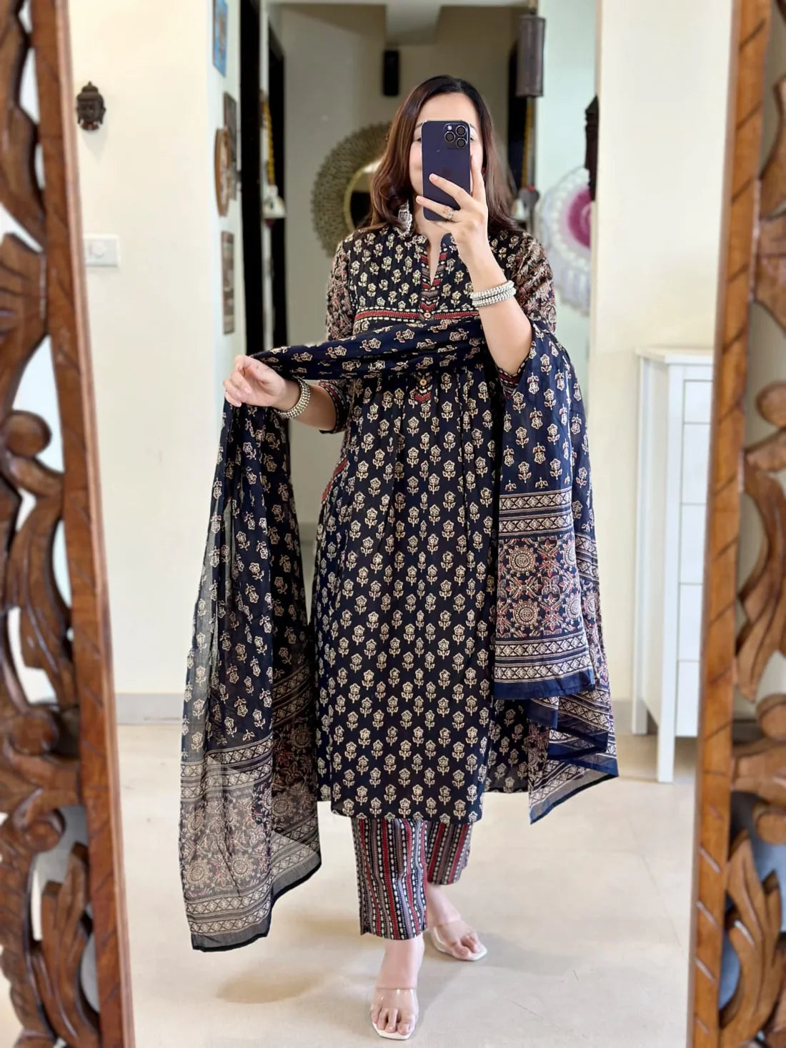 Navy Blue Traditional Block Print A-Line Kurta Set with Pockets