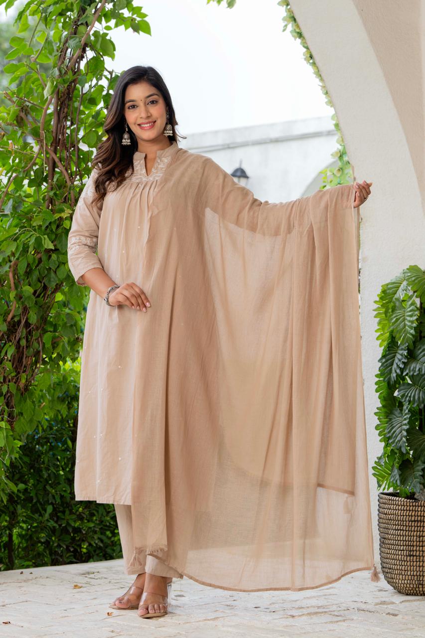 Beige Silk Blend Solid Embroidered Flared Suit Set