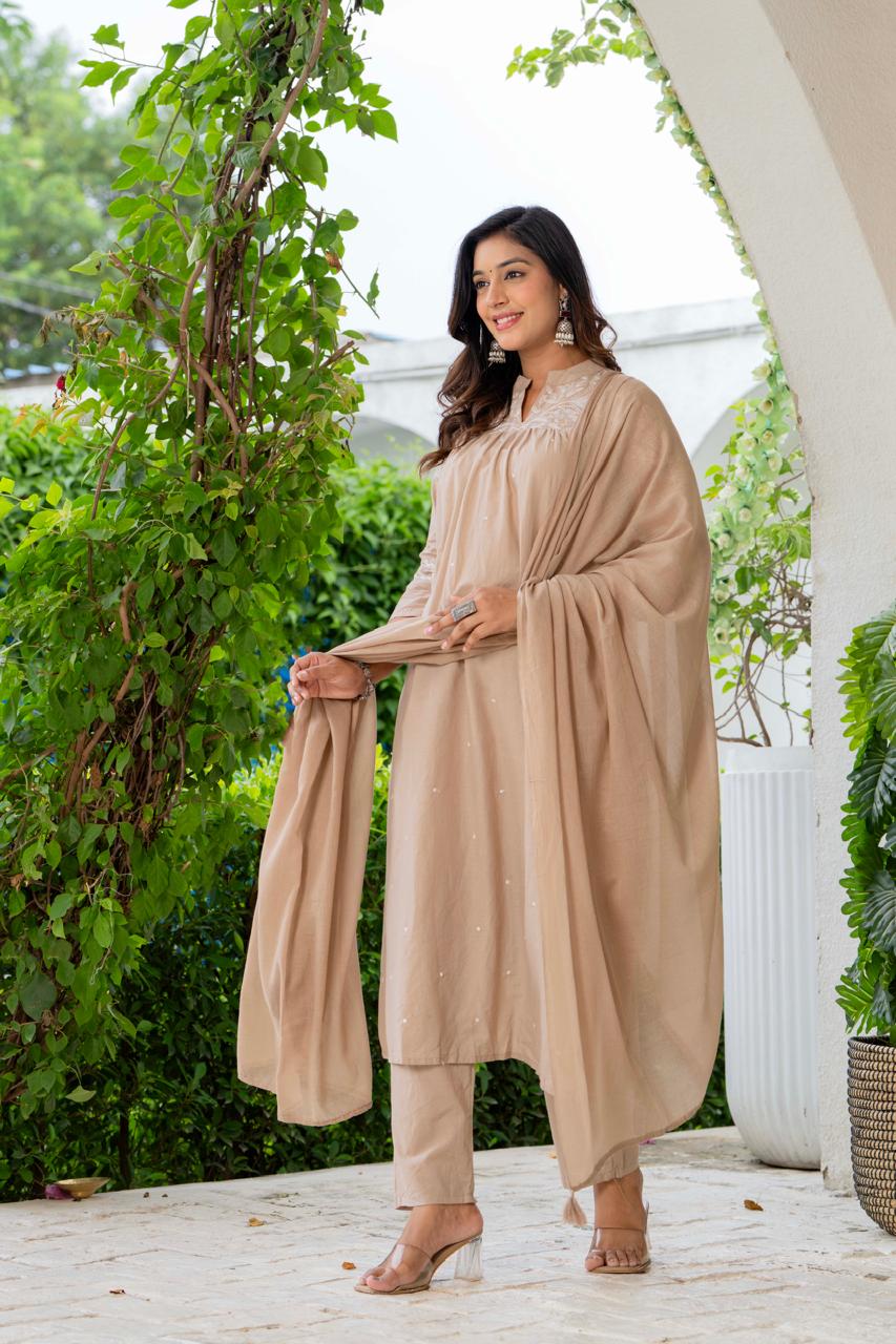 Beige Silk Blend Solid Embroidered Flared Suit Set