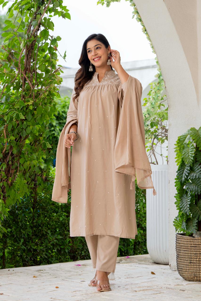 Beige Silk Blend Solid Embroidered Flared Suit Set