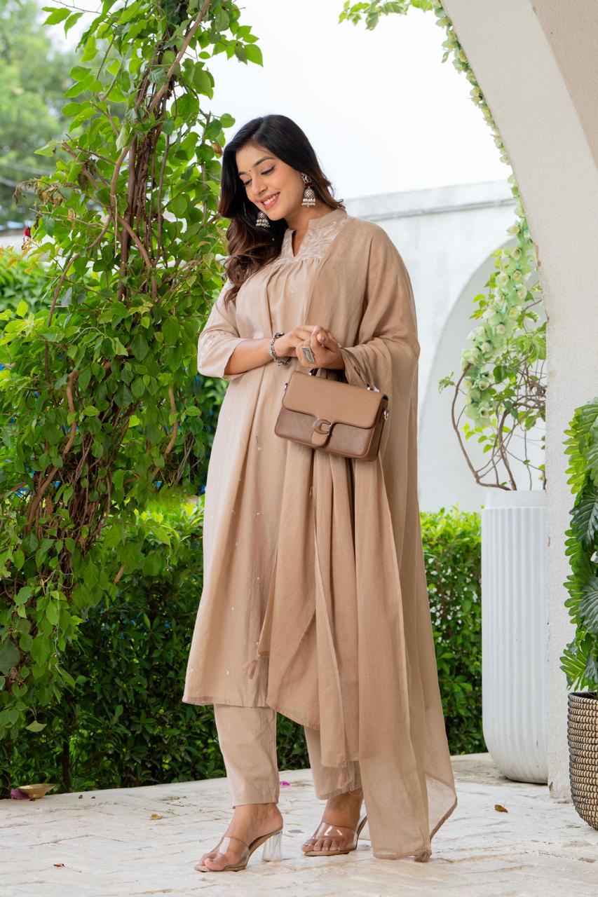 Beige Silk Blend Solid Embroidered Flared Suit Set