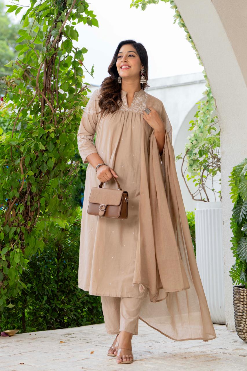 Beige Silk Blend Solid Embroidered Flared Suit Set