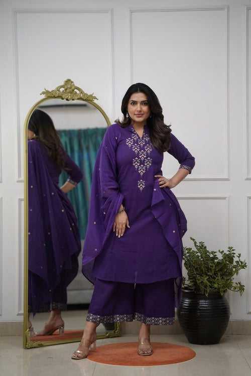 Aline Kurta Set With Cotton Plazzo & Malmal Dupatta With  Embroidery Work
