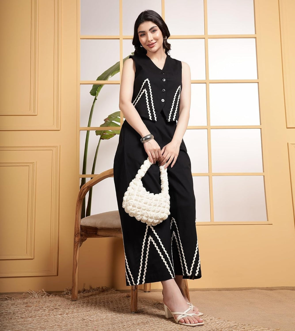 Women Indo Western Waist Coat With White Zigzag Lace Trousers Co-Ords Set