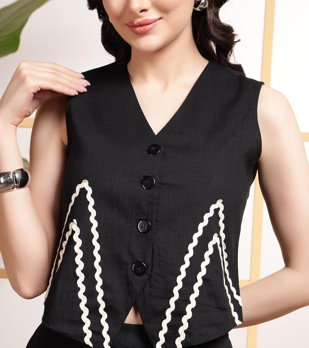Women Indo Western Waist Coat With White Zigzag Lace Trousers Co-Ords Set