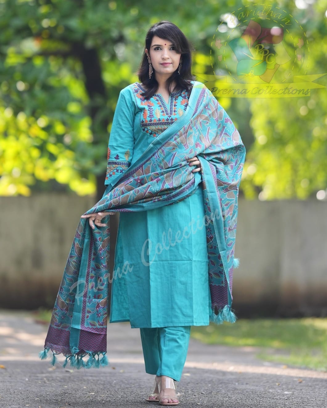 Sky Blue Embroidered Cotton Flex Kurta and Pant Set with Dupatta
