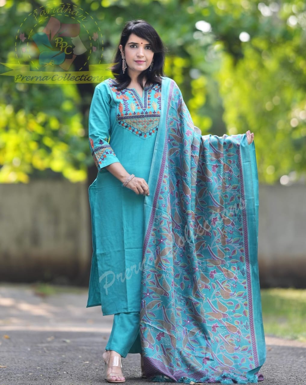 Sky Blue Embroidered Cotton Flex Kurta and Pant Set with Dupatta
