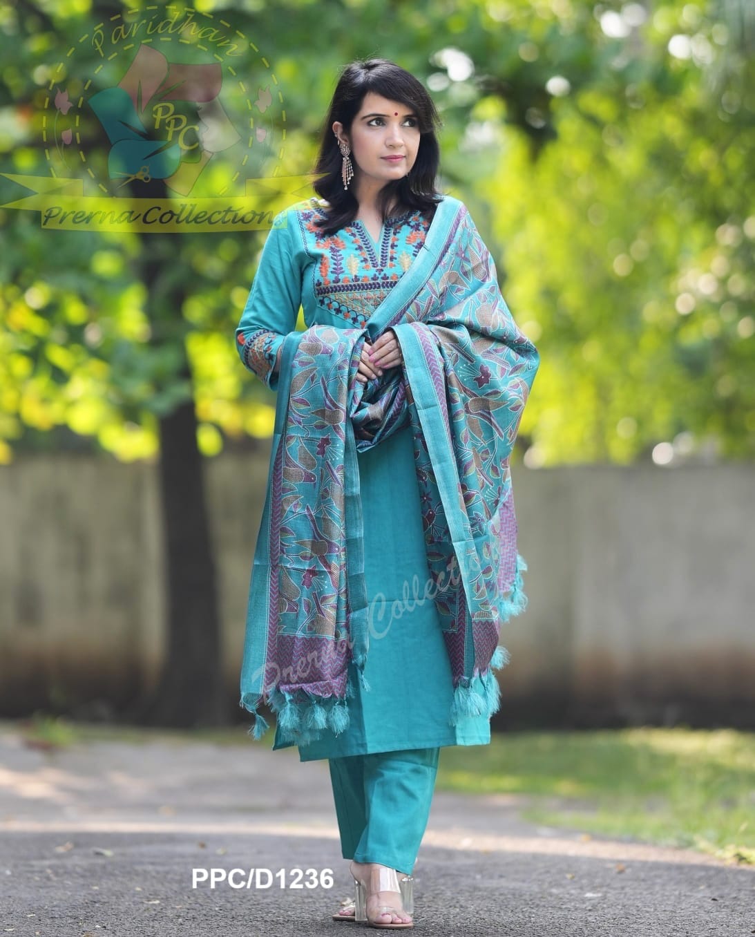 Sky Blue Embroidered Cotton Flex Kurta and Pant Set with Dupatta