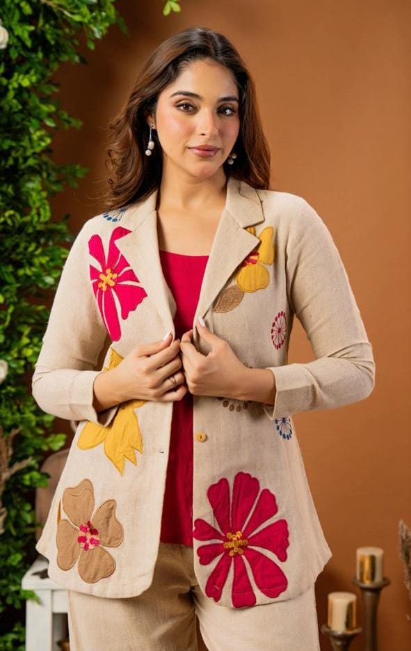 Pure Cotton Jute Applique Work Blazer Style Co-Ord Set In Beige
