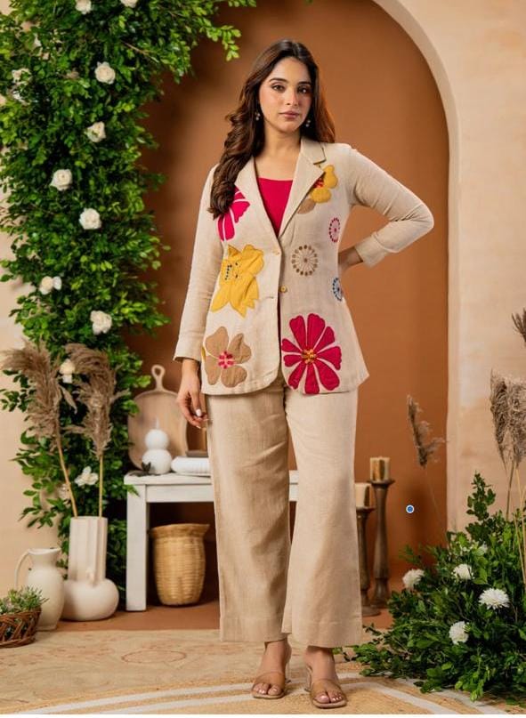 Pure Cotton Jute Applique Work Blazer Style Co-Ord Set In Beige