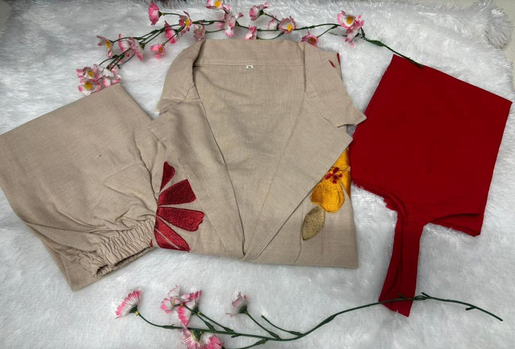 Pure Cotton Jute Applique Work Blazer Style Co-Ord Set In Beige