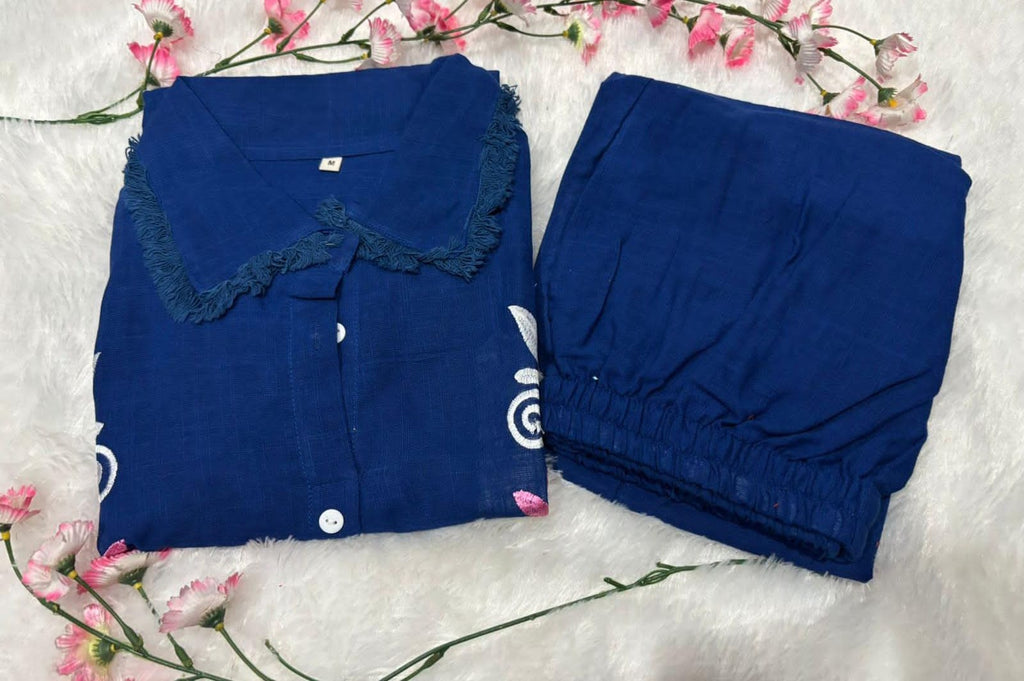 Stylist Cotton Flax Embroidery Work Co Ord Set