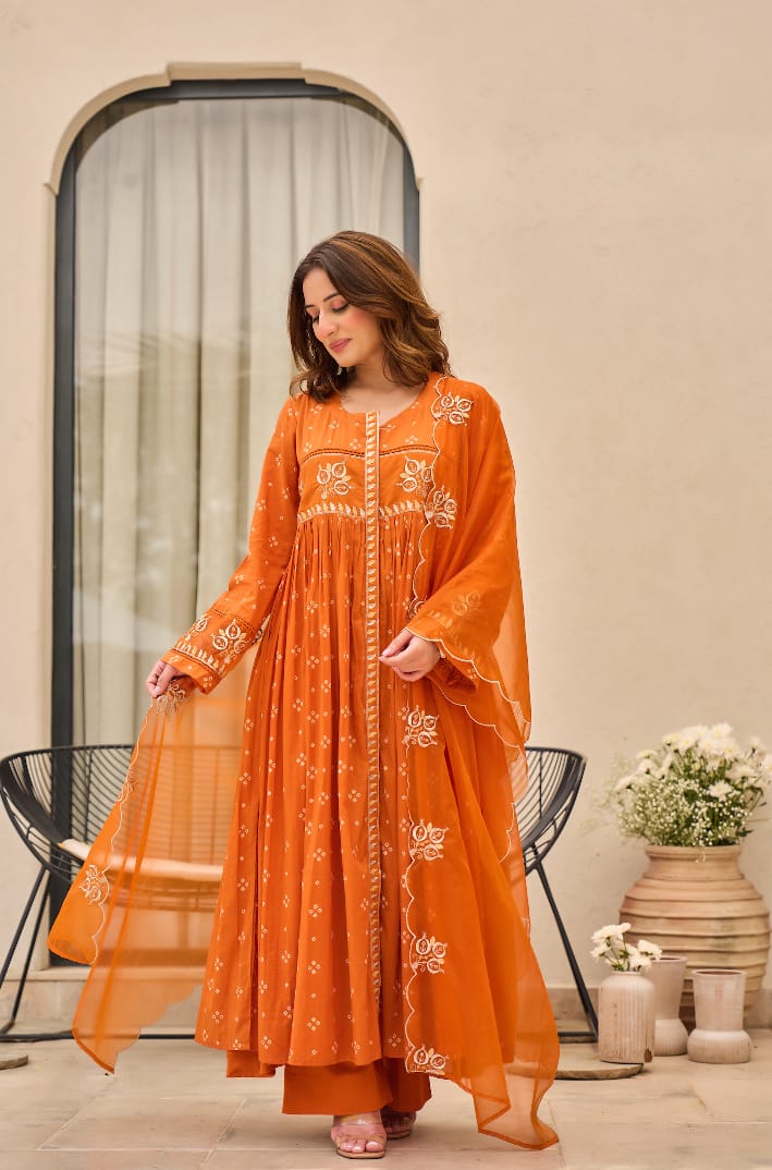 Rust Orange Bandhani Mul Cotton A Line Handwork Suit