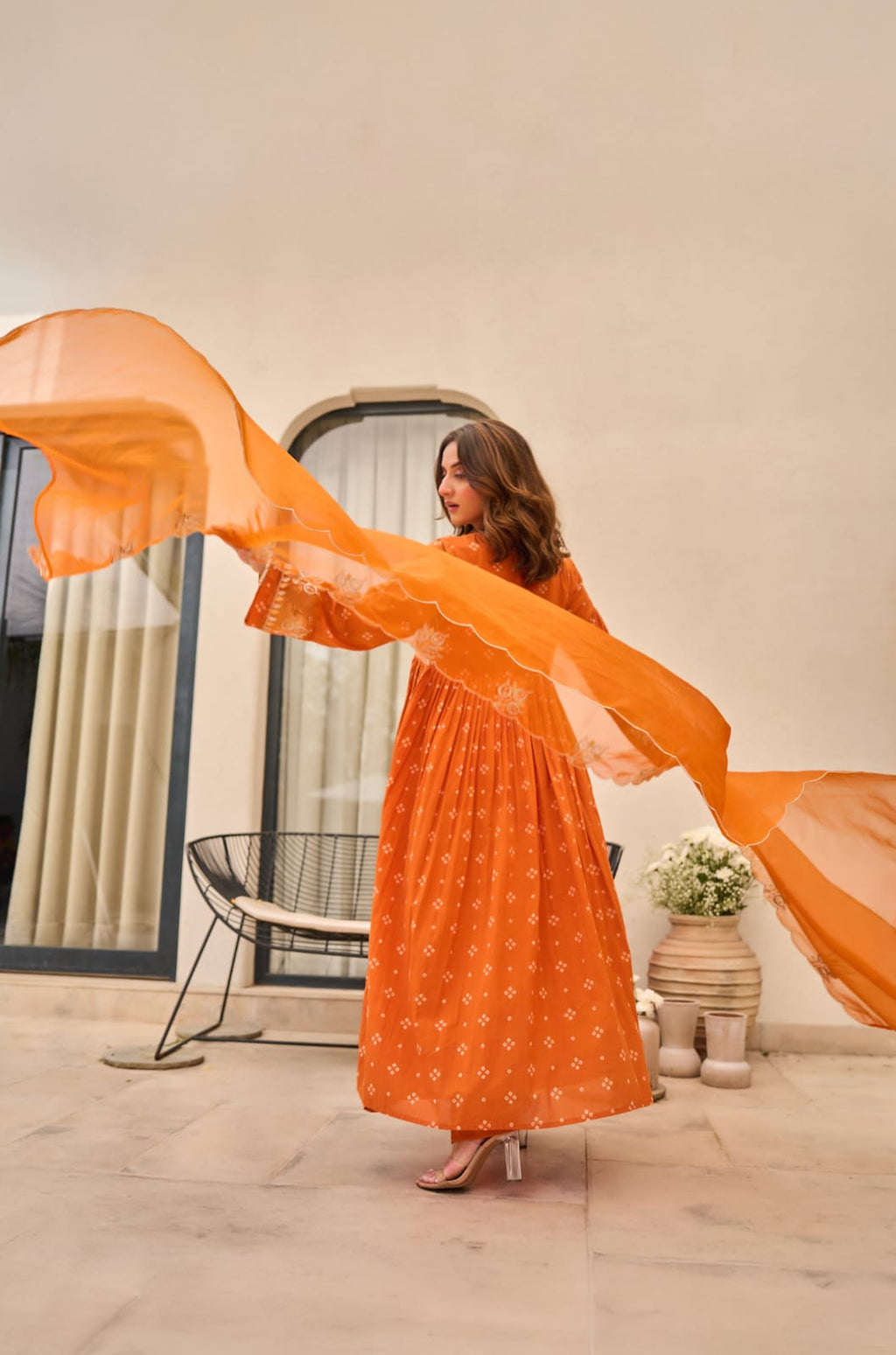 Rust Orange Bandhani Mul Cotton A Line Handwork Suit