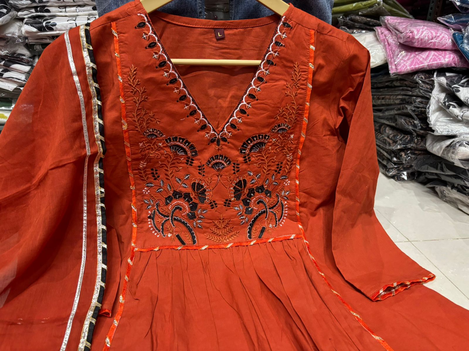 Rust Orange Embroidered Kurta Set with Matching Dupatta