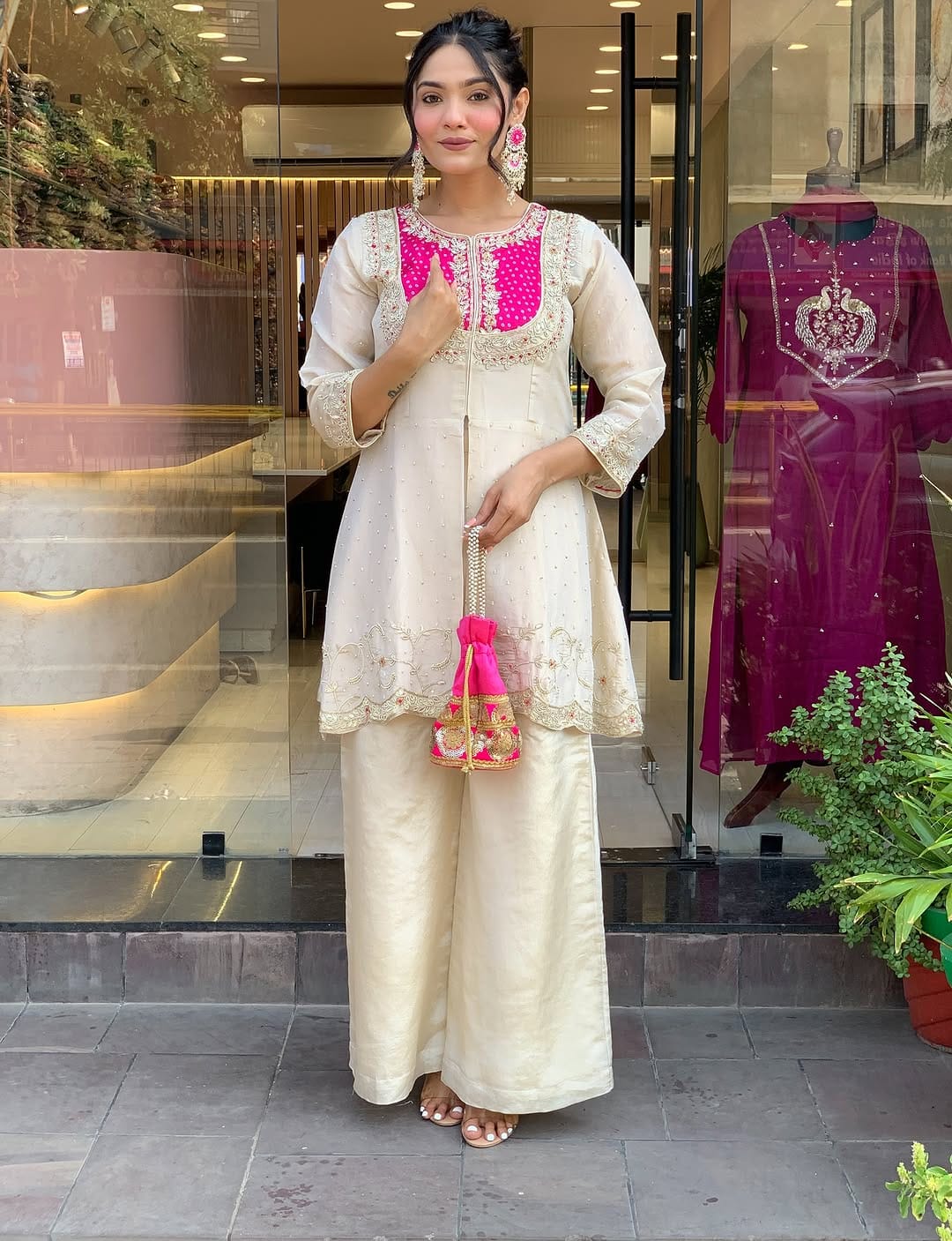Elegant Ivory & Pink Embroidered Kurta Set with Palazzo Pants