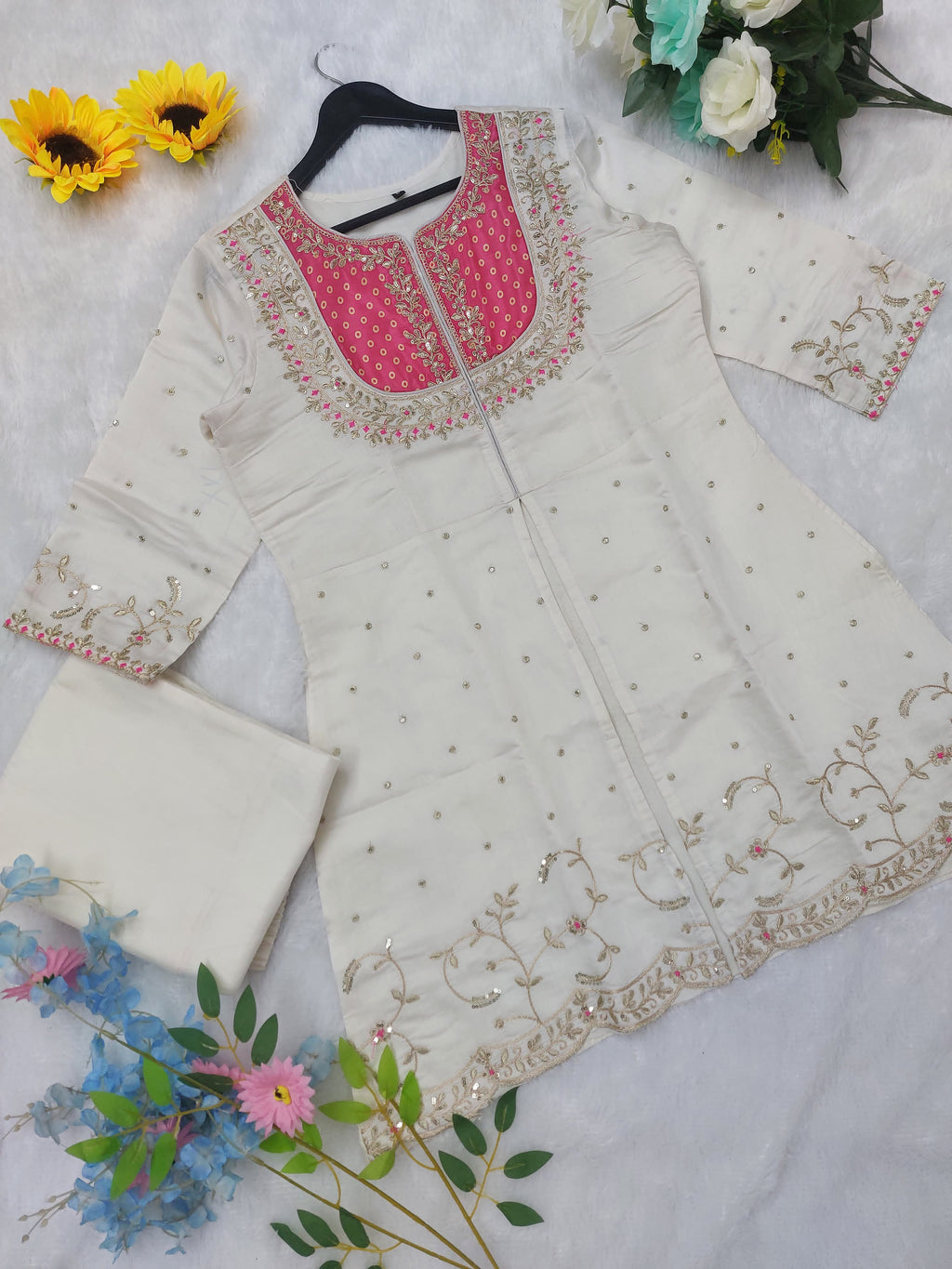 Elegant Ivory & Pink Embroidered Kurta Set with Palazzo Pants