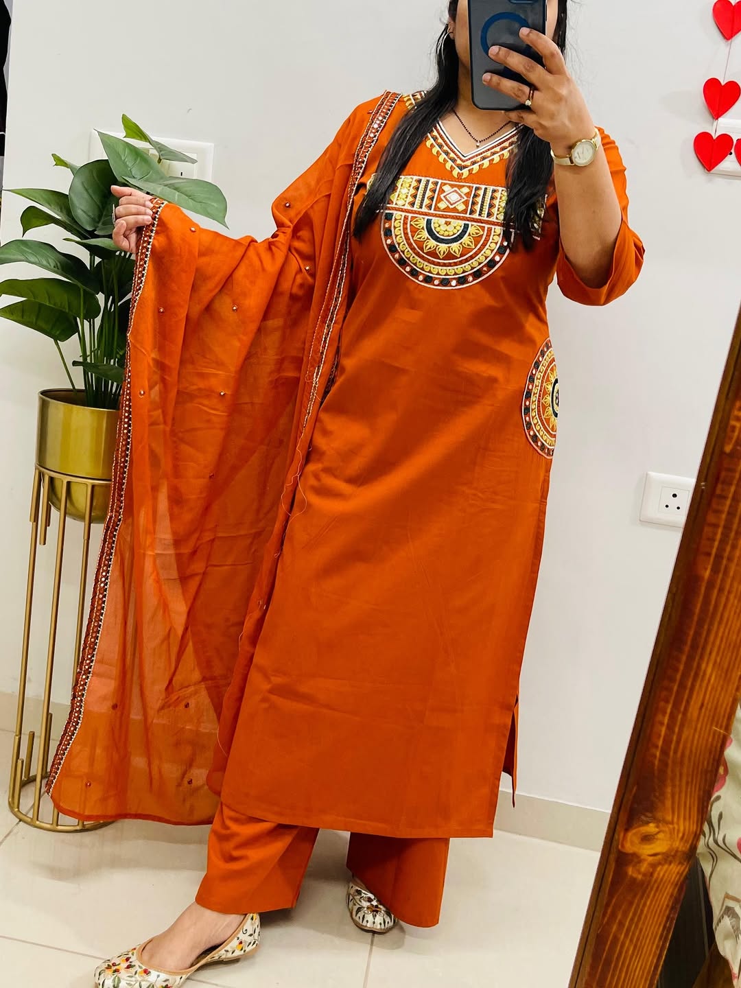 Rust Orange Embroidered Kurta Set with Dupatta