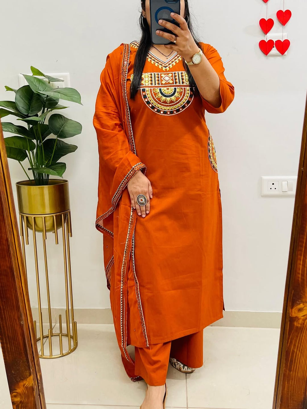 Rust Orange Embroidered Kurta Set with Dupatta