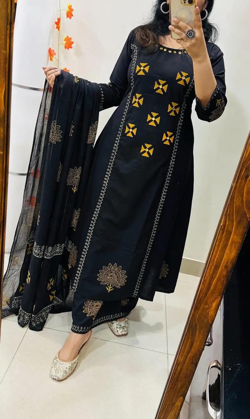 Elegant Black Printed Kurta Set with Dupatta