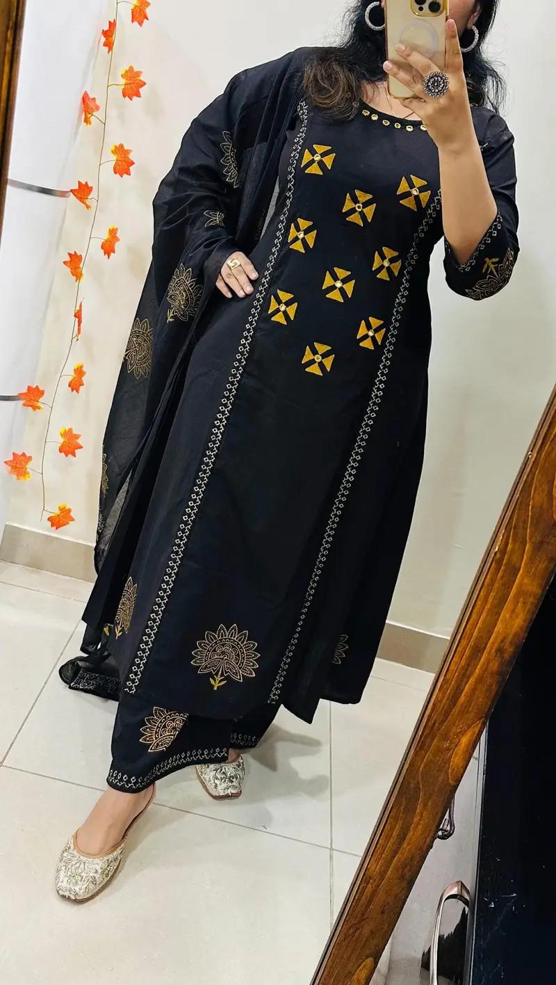 Elegant Black Printed Kurta Set with Dupatta