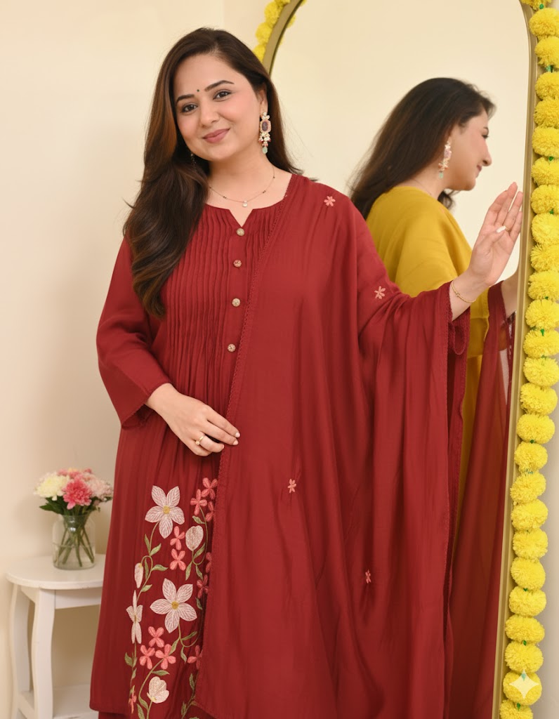 Elegant Maroon Embroidered Kurta with Dupatta Set