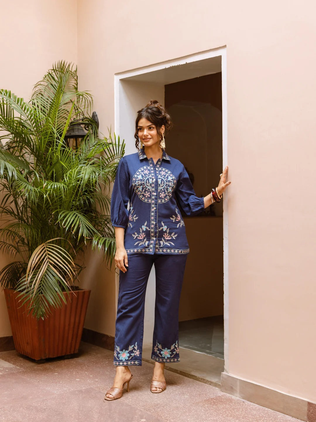 Elegant Navy Blue Embroidered Co-Ord Set