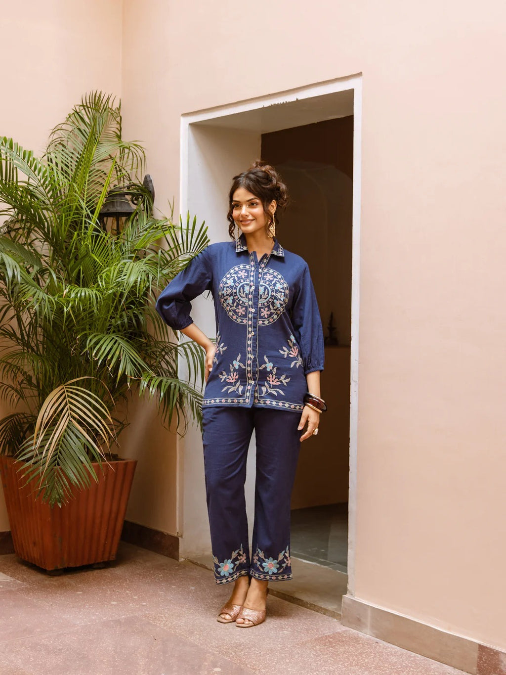 Elegant Navy Blue Embroidered Co-Ord Set