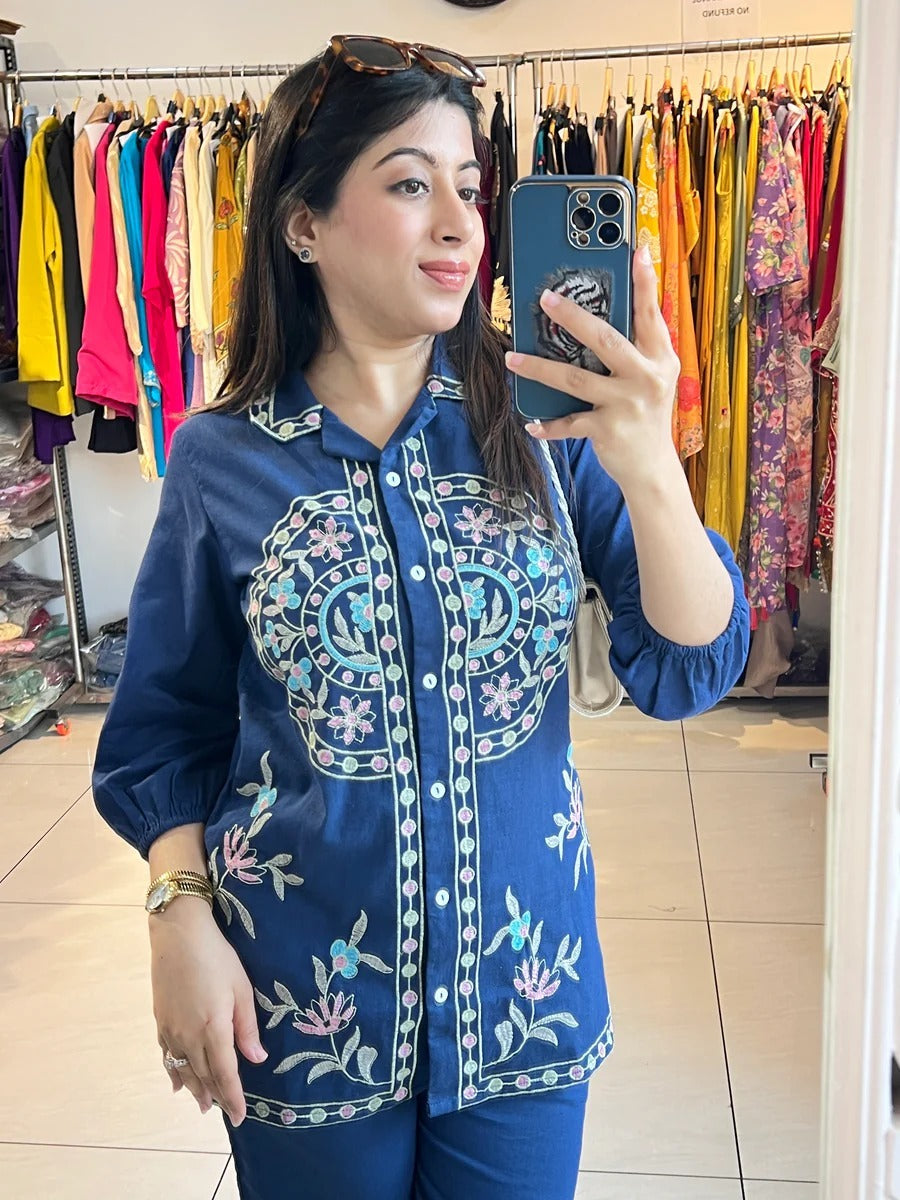 Elegant Navy Blue Embroidered Co-Ord Set