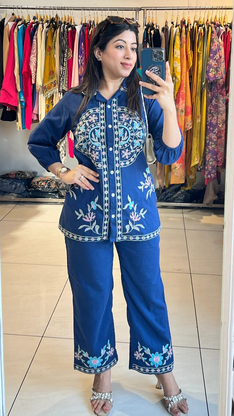 Elegant Navy Blue Embroidered Co-Ord Set