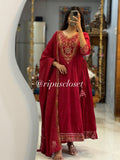 Elegant Crimson Embroidered Anarkali Suit Set with Dupatta