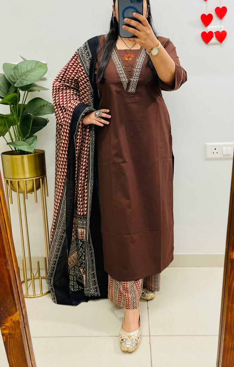 Elegant Brown Kurta Set with Printed Dupatta & Coordinated Pants