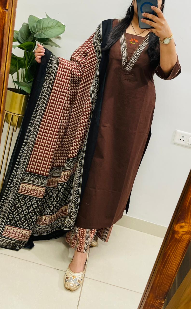 Elegant Brown Kurta Set with Printed Dupatta & Coordinated Pants