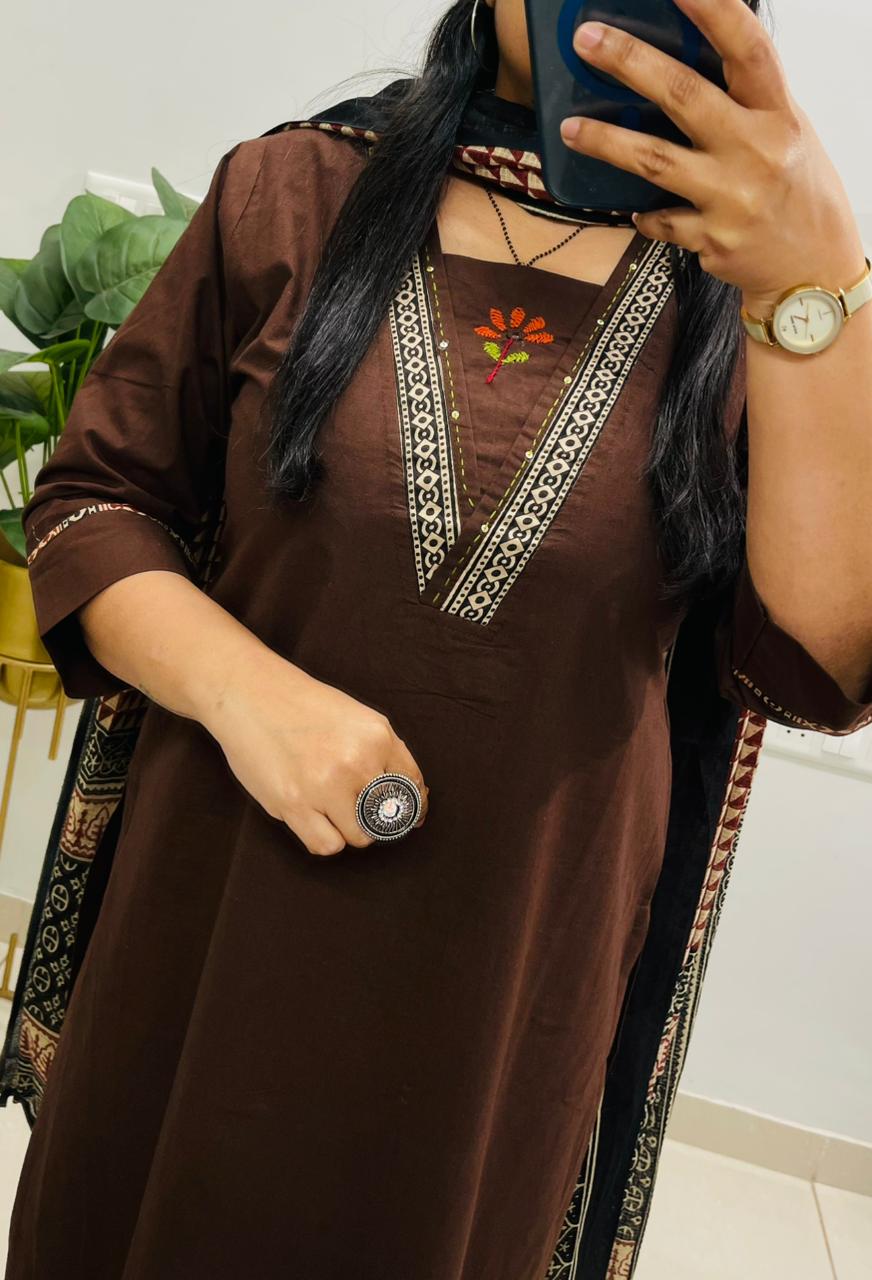 Elegant Brown Kurta Set with Printed Dupatta & Coordinated Pants
