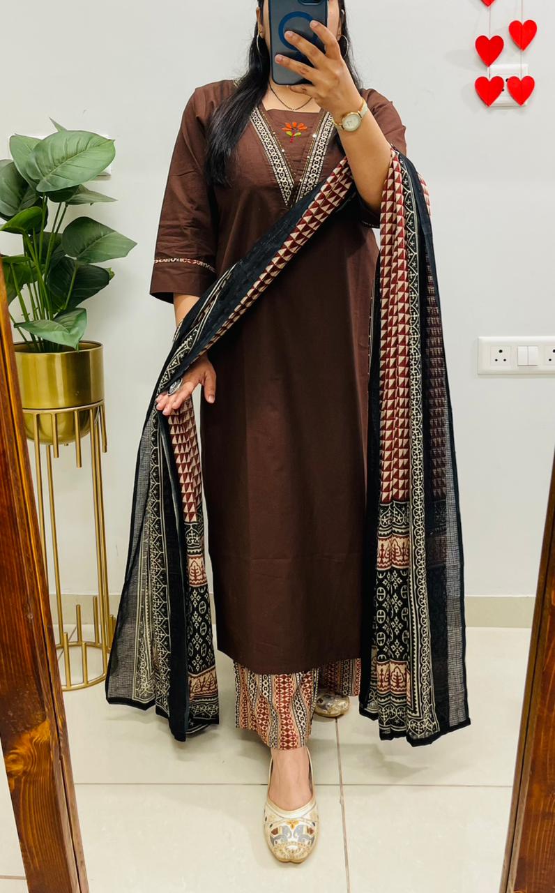 Elegant Brown Kurta Set with Printed Dupatta & Coordinated Pants