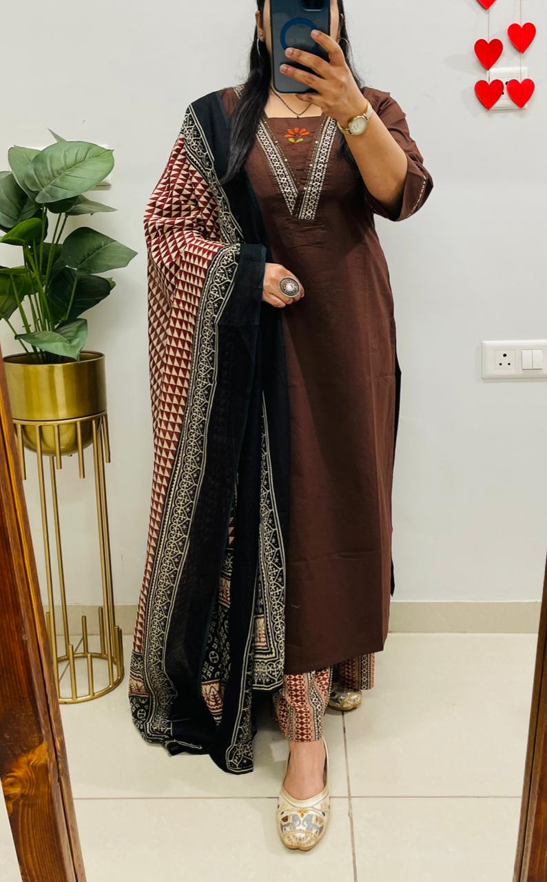 Elegant Brown Kurta Set with Printed Dupatta & Coordinated Pants