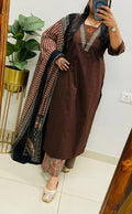 Elegant Brown Kurta Set with Printed Dupatta & Coordinated Pants