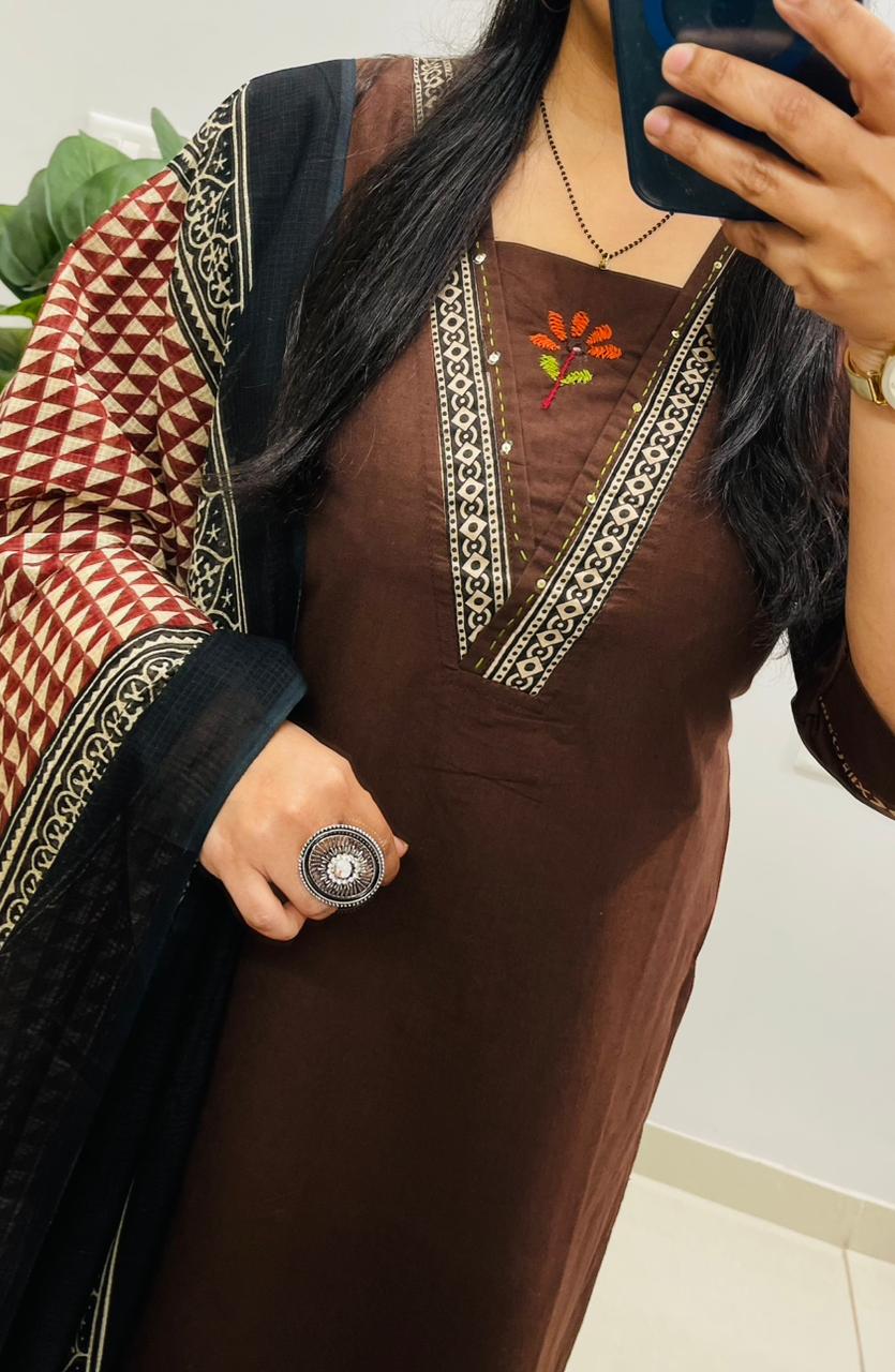 Elegant Brown Kurta Set with Printed Dupatta & Coordinated Pants